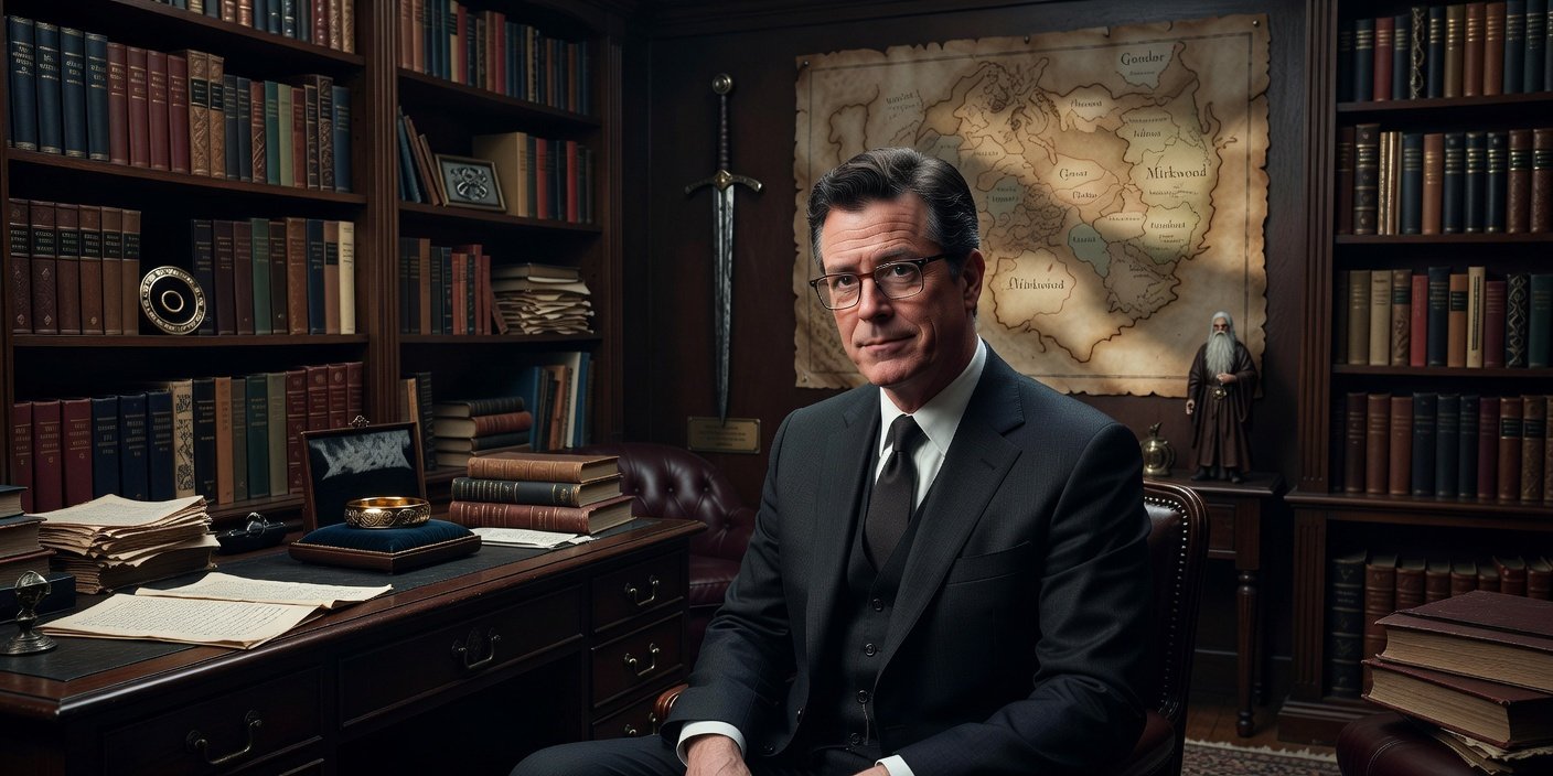 Stephen Colbert, co-writer of the new "Lord of the Rings" film 'Shadow of the Past', photographed in a news-style portrait.