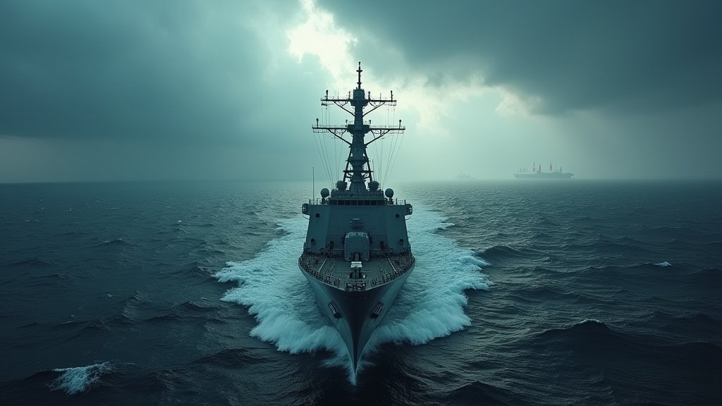 Cinematic wide angle shot of a symbolic representation of the Strait of Hormuz highlighting geopolitical tension and international isolation