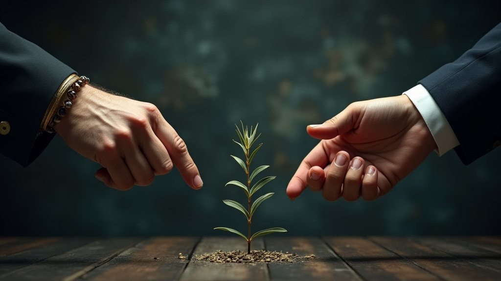 Cinematic wide angle shot symbolizing the US Iran ceasefire negotiations showing a document on a table against a backdrop of the Strait of Hormuz representing the tense geopolitical situation